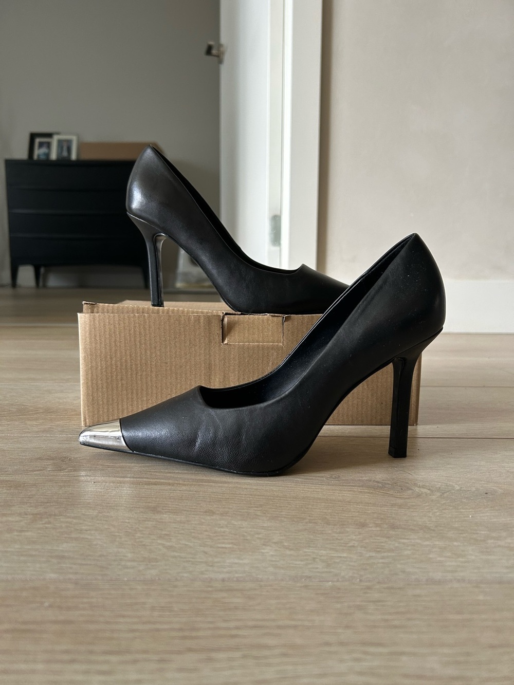Mango Black  Pointed-Toe Heels with Silver Cap